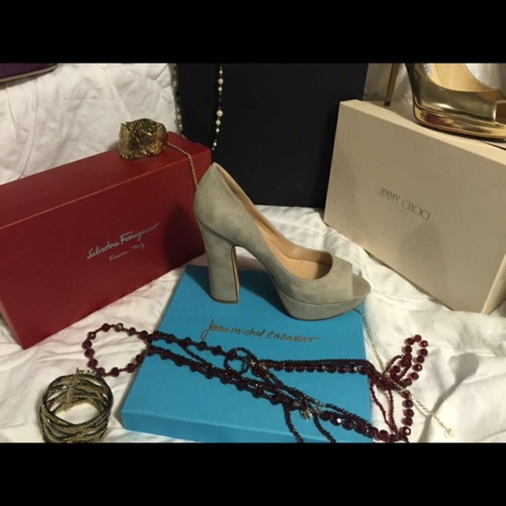 New Suede stacked peep toe heels